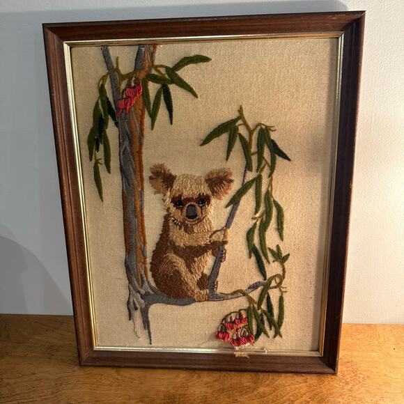 Unbranded Other - Vintage 1970s Koala Crewel Embroidery Wall Art 16x20 Wood Framed Art - BUB